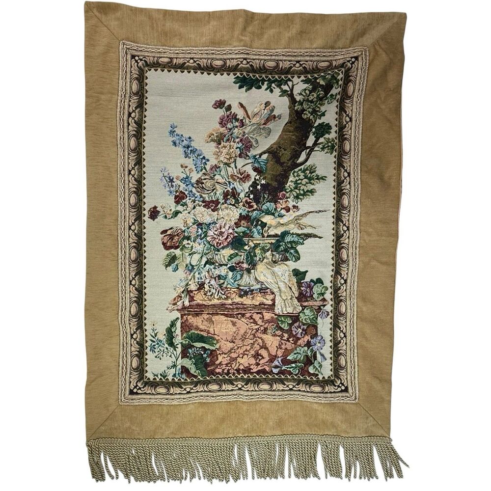 Floral Urn Bird Tree Tapestry Wall Hanging 54x36 Fringe Trim Classical Art